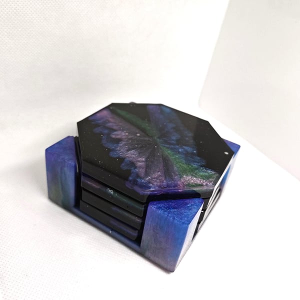 Galaxy Resin Coaster Set: Handmade Octagon Space Art - Set of 4