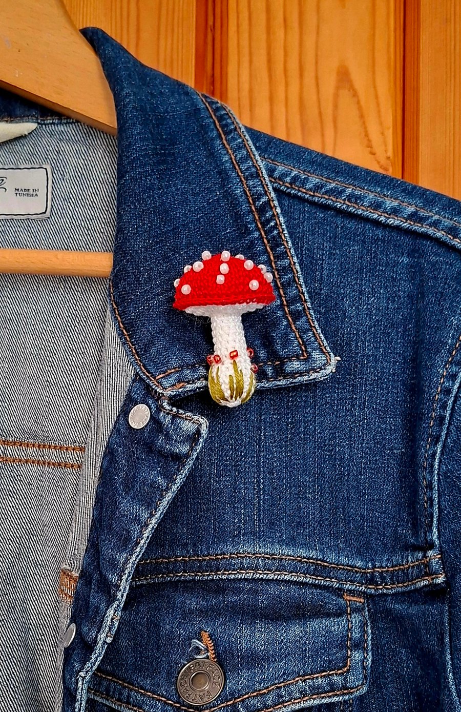 Crocheted and beaded brooch - toadstool