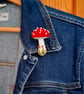 Crocheted and beaded brooch - toadstool
