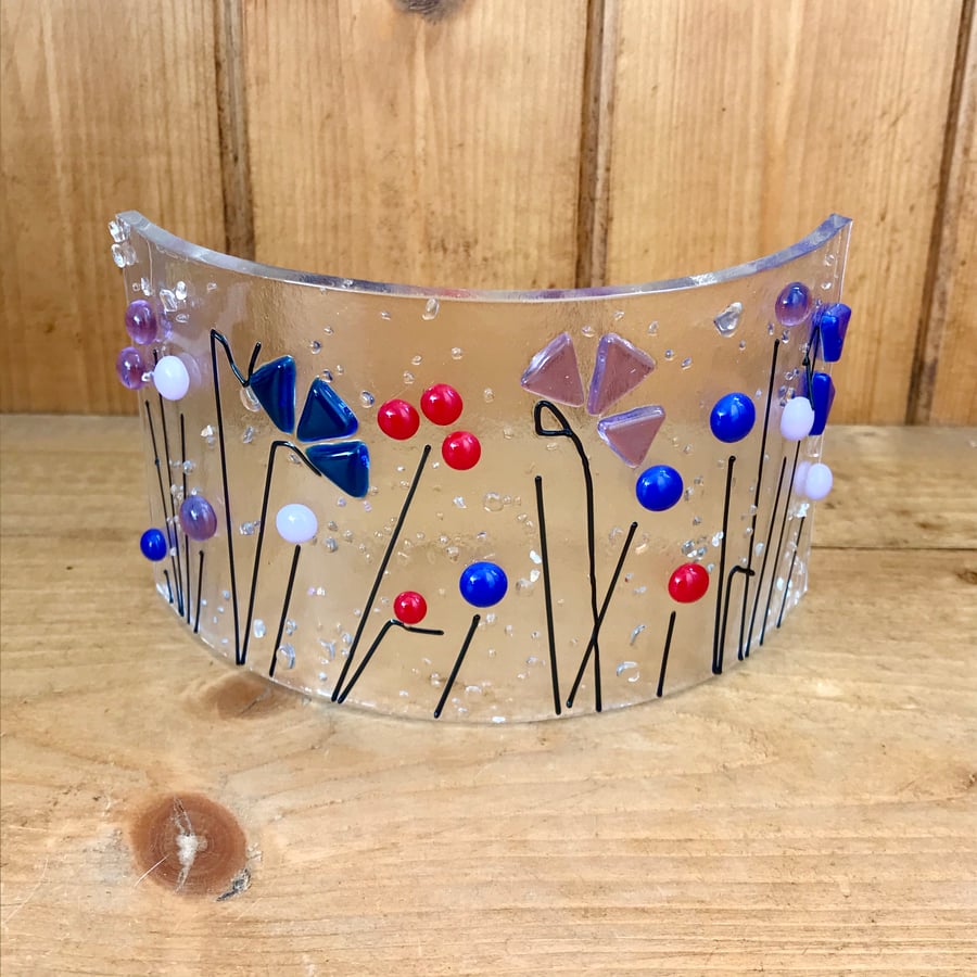 Wildflower fused glass decoration, candle shield. Reduced in price.