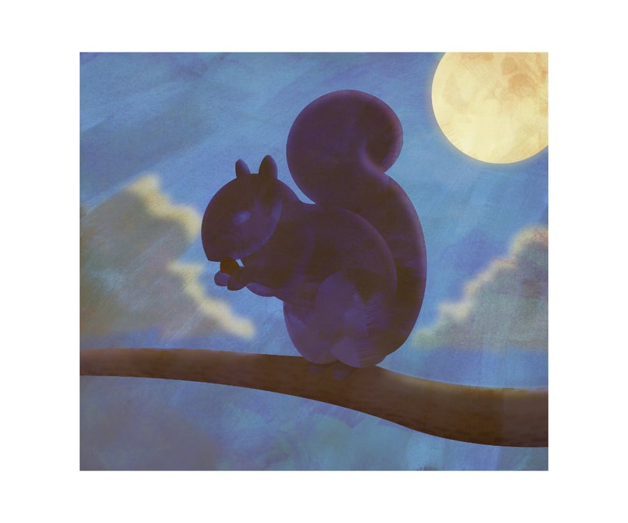 Midnight Squirrel (12" x 10" gouache and digital collage)