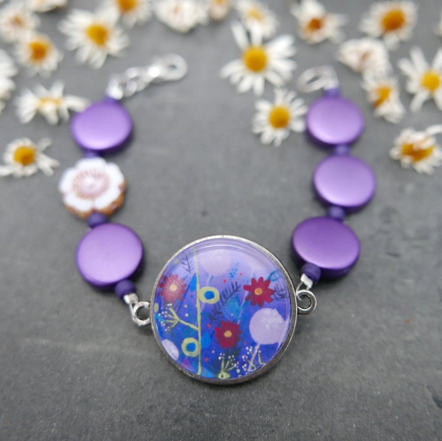 Purple Beaded Bracelet with Meadow Art Pendant and Czech Glass Flower