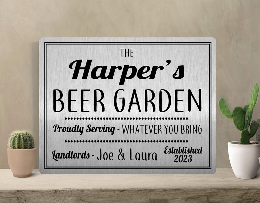 Personalised Metal Beer Garden Sign Plaque Family Brushed Grained Silver or Gold