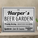 Personalised Metal Beer Garden Sign Plaque Family Brushed Grained Silver or Gold