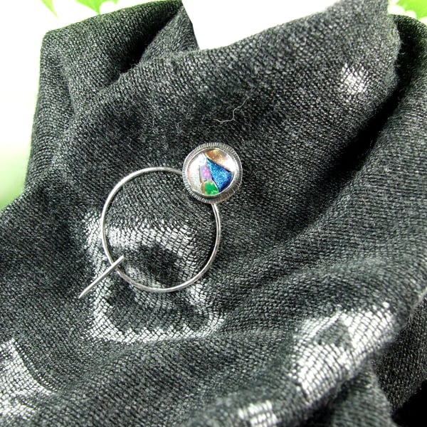 Shawl Pin, Sterling Silver Featuring Artisan Dichroic Glass Cabachon