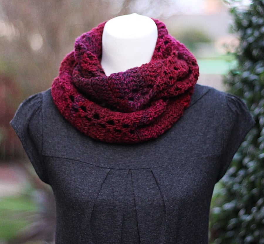 Knitted burgundy scarf, cowl, snood, gift guide for her