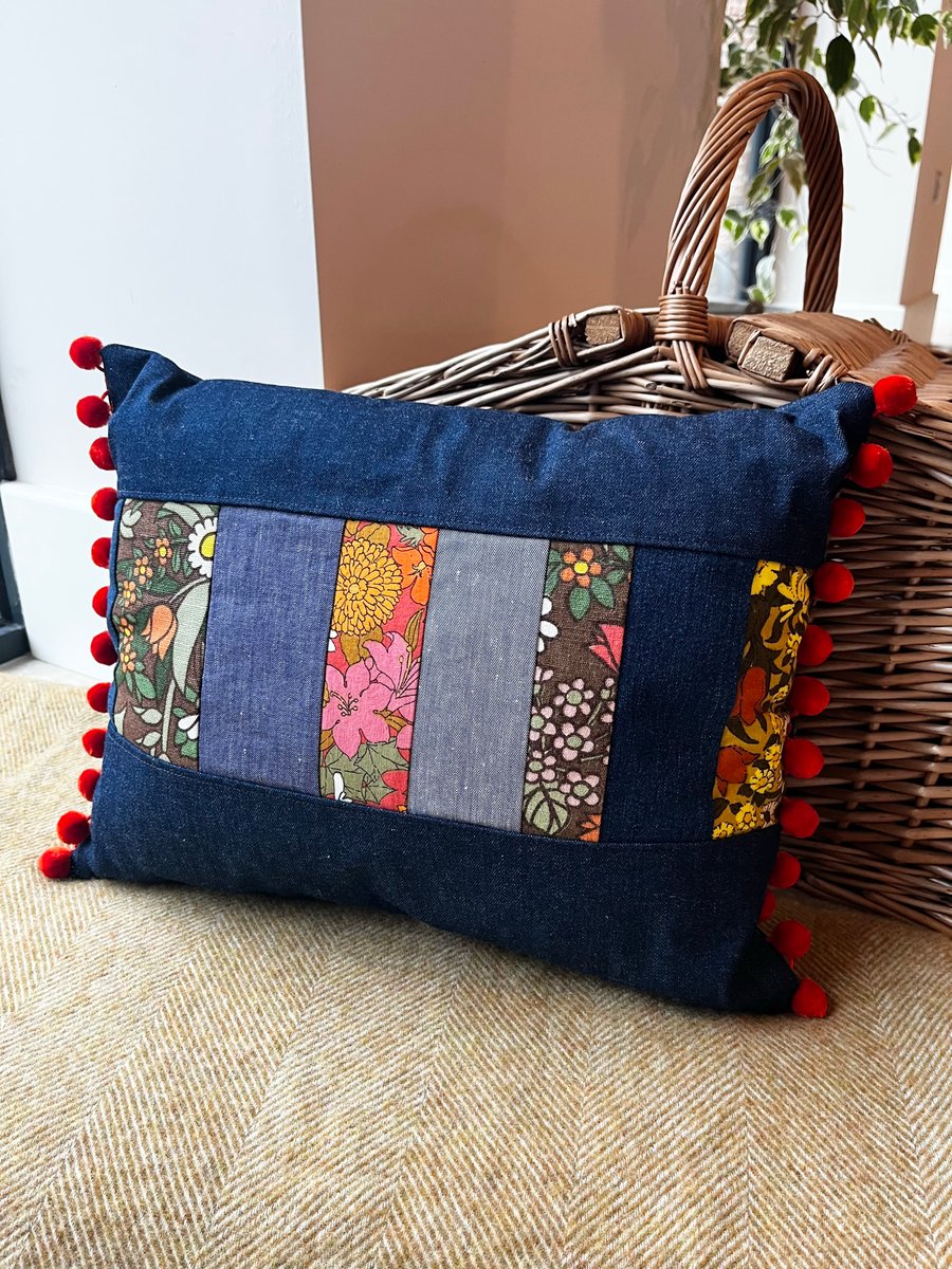 Vintage patchwork and denim cushion cover with pompoms