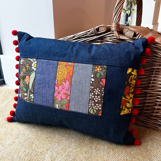 Vintage patchwork and denim cushion cover with pompoms
