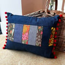 Vintage patchwork and denim cushion cover with pompoms