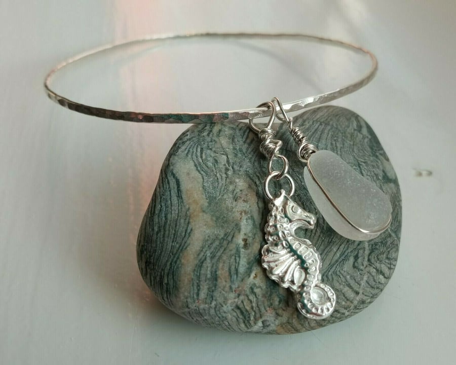 Recycled Silver Handmade Bangle with Silver Seahorse & White Seaglass Charms 