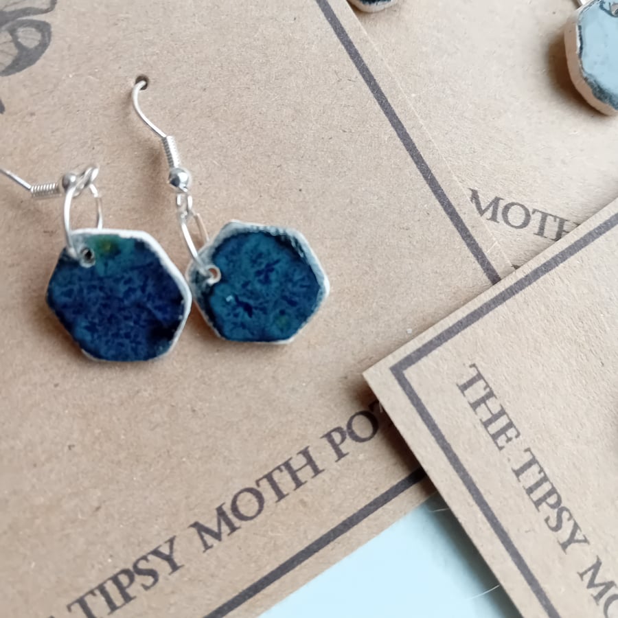 Navy hexagon porcelain clay earrings on silver plated hooks