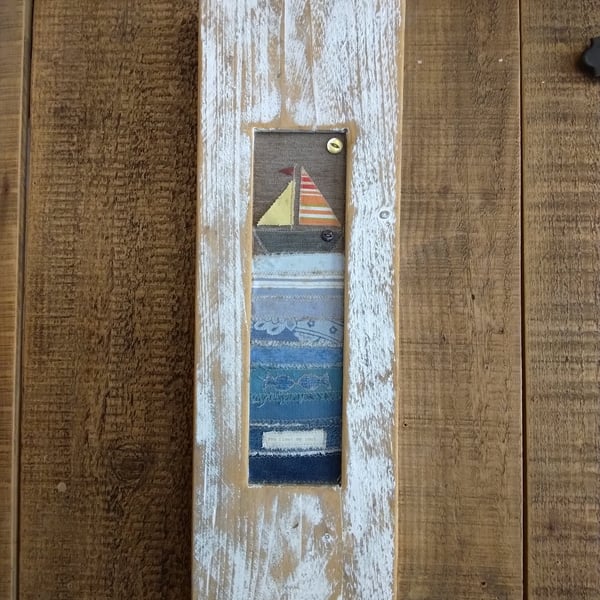 Handmade Coastal Sailboat Textile Art, Distressed Wood Beach House Decor