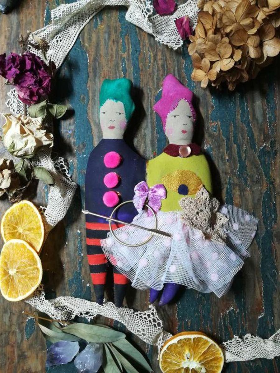 Magical art doll pair, Bewitched and magical circus art doll duo, Hocus Pocus