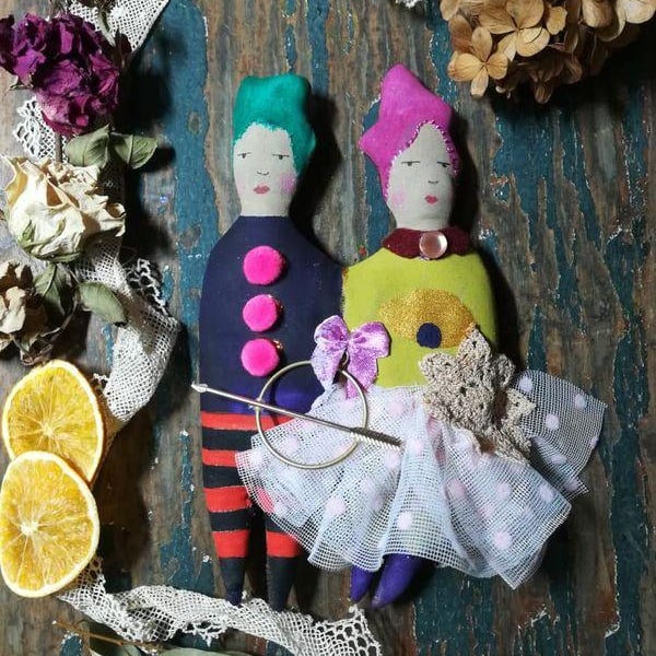 Magical art doll pair, Bewitched and magical circus art doll duo, Hocus Pocus