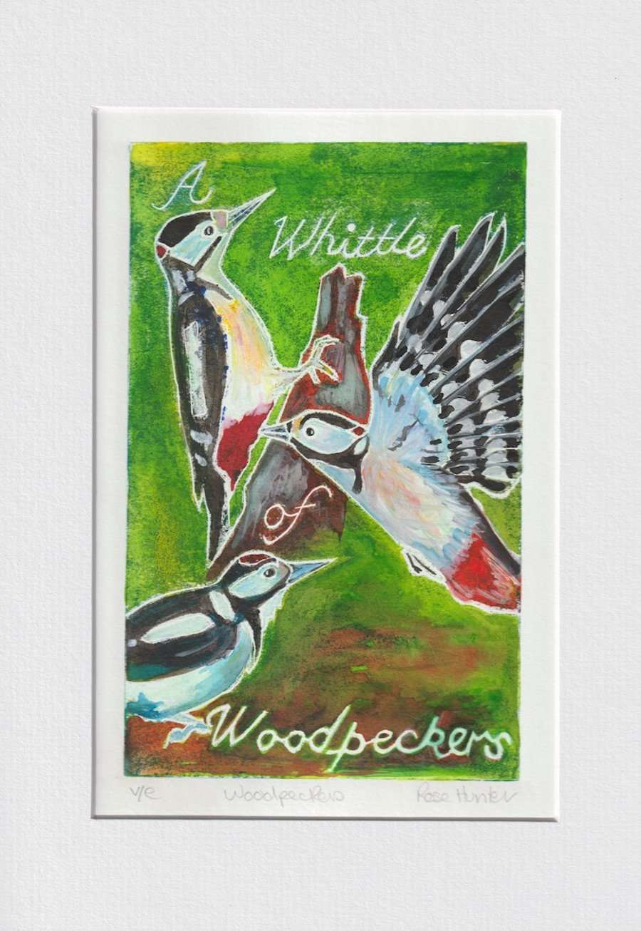 A Whittle of Woodpeckers - 001 original hand painted Lino print