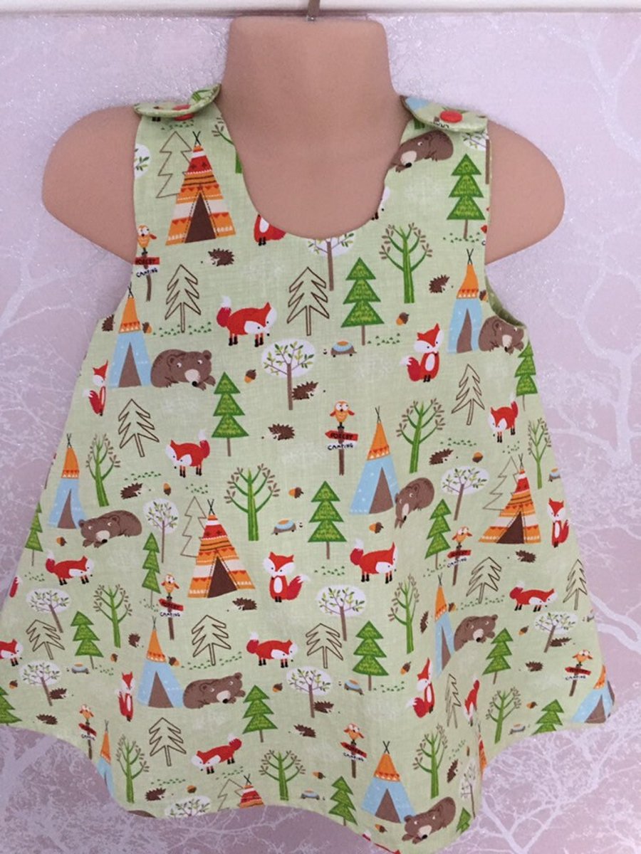 Pretty woodland scene, camping scene, bears, foxes, A line dress age 1