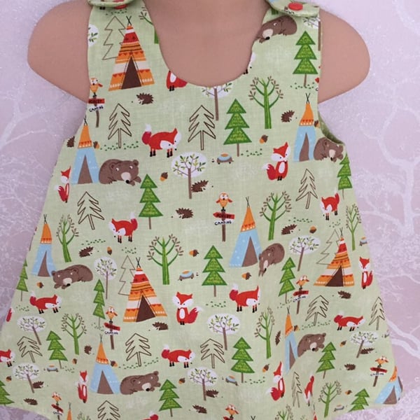 Pretty woodland scene, camping scene, bears, foxes, A line dress age 1