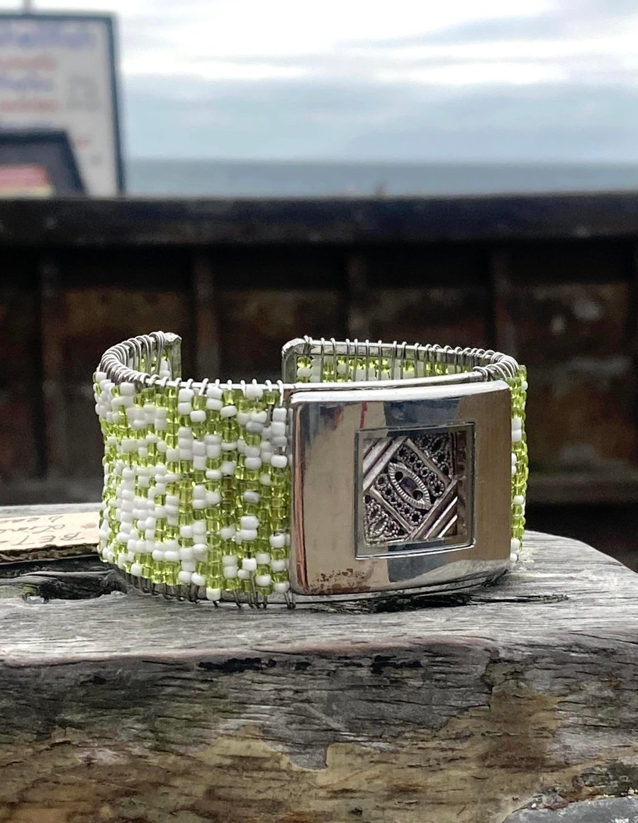 Upcycled Lime Green Seed Beads Handmade Bangle Featured With A Filigree Charm 
