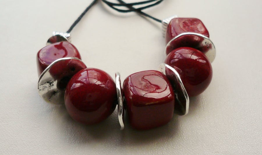 Collar Necklace Deep Red Handcrafted Ceramic Beaded Silver Disc  KCJ1704