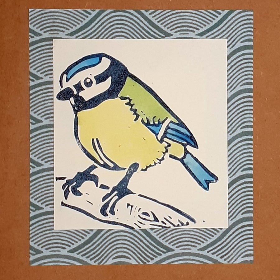 Blue tit greetings card, blank, lino printed card