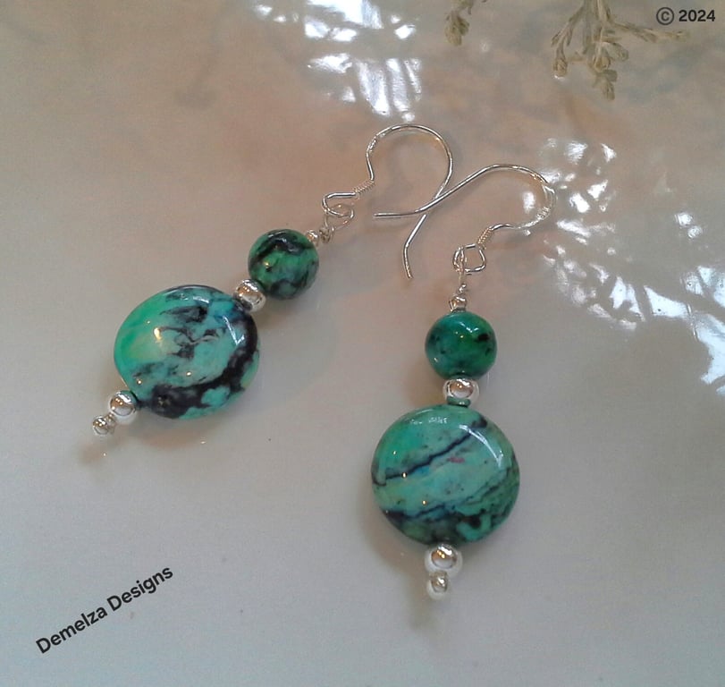 Designer Natural Turquoise Hand Made Sterling Silver Earrings