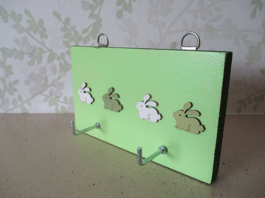 Bunny Rabbit Key Ring Holder Rack Hook White and Green with Glitter