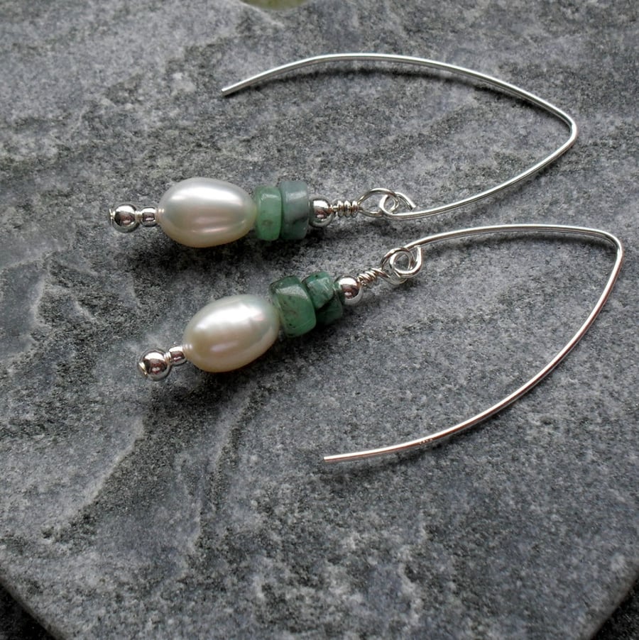 Freshwater Pearls and Emerald Sterling Silver Earrings
