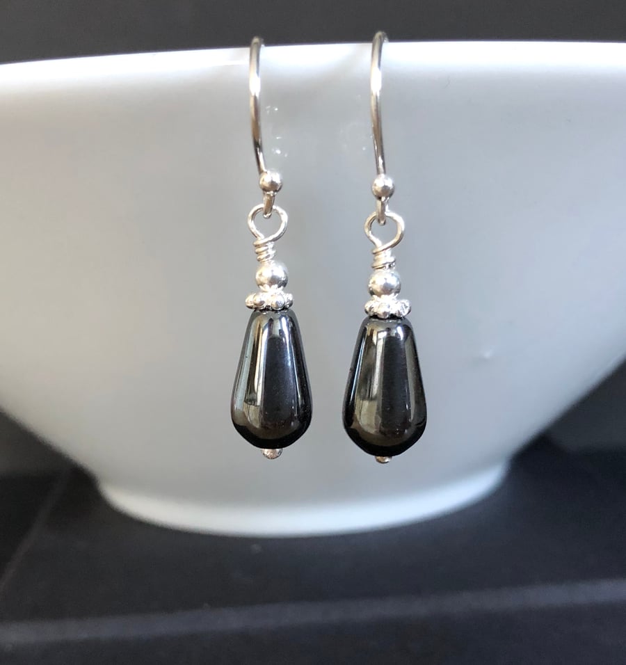 Hematite Grey Teardrop Sterling Silver Dangle Earrings