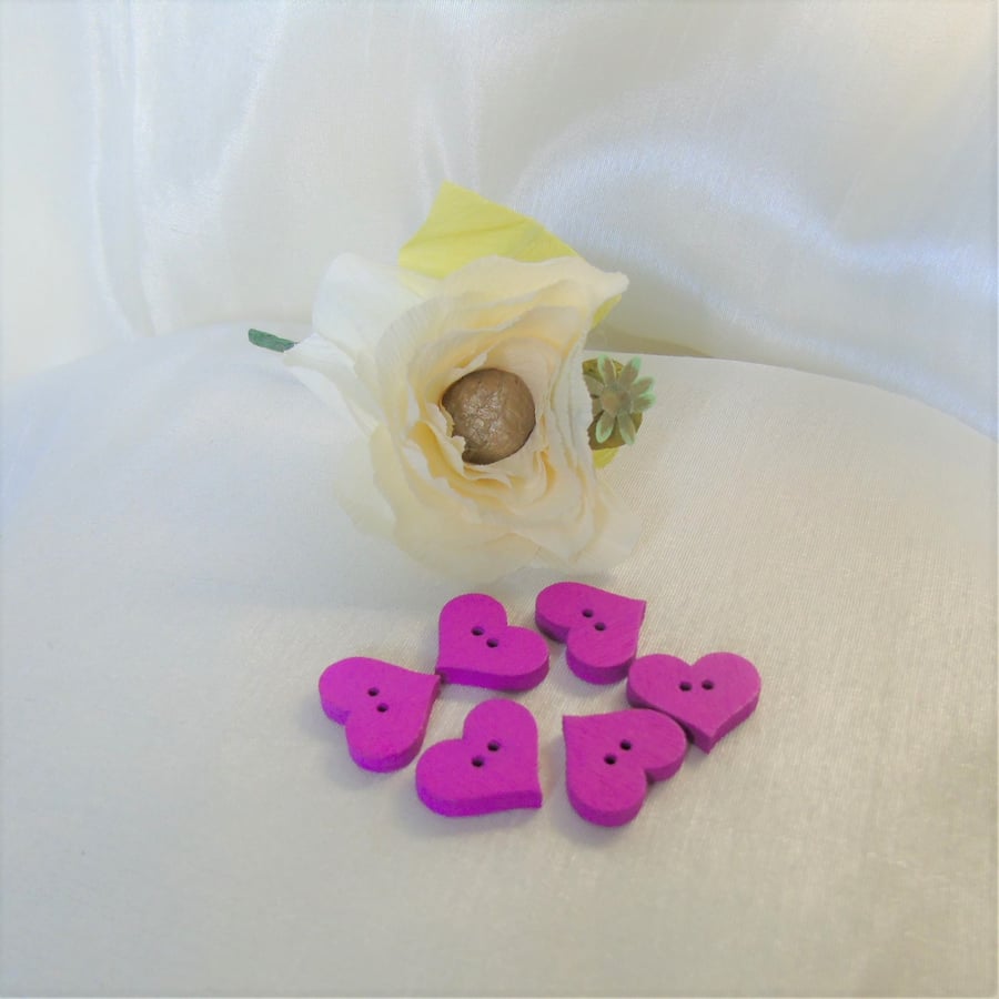 6 Fushia pink wood heart buttons - 2 cms across - 2 holes