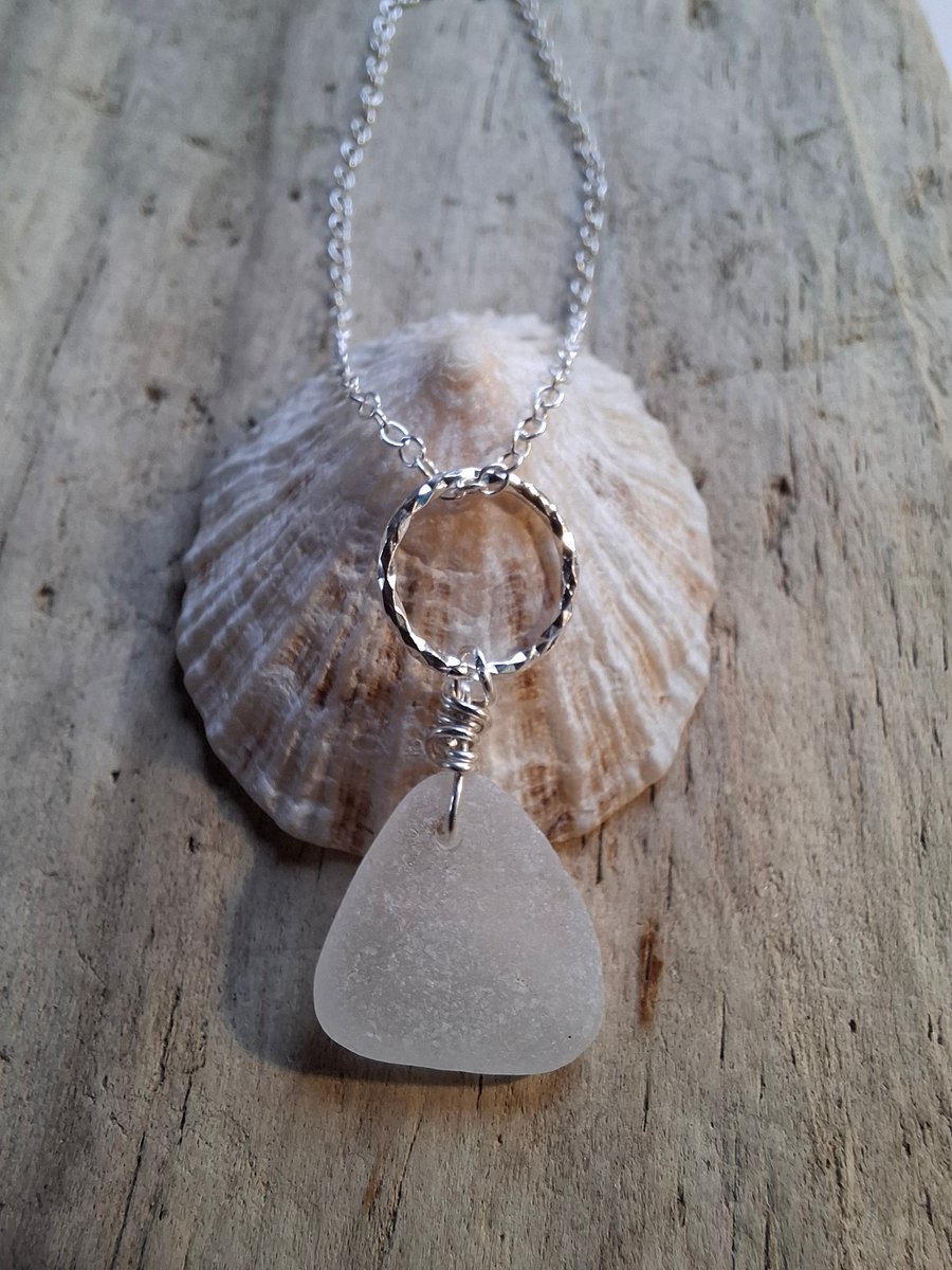 White Triangular Marazion Sea Glass on Diamond Cut Ring Necklace N675