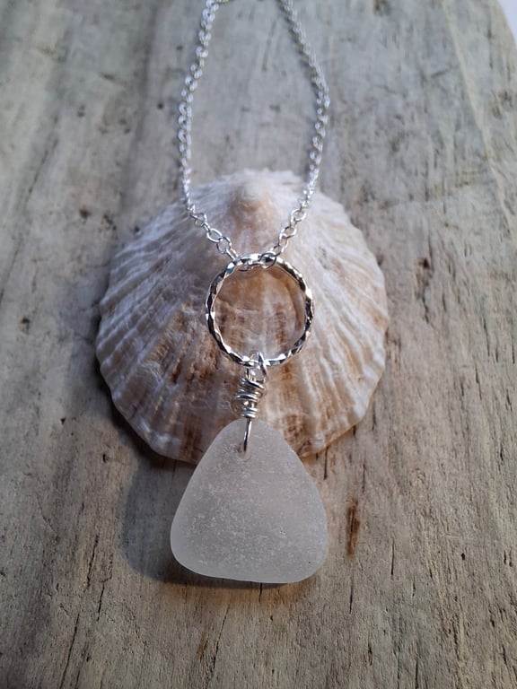 White Triangular Marazion Sea Glass on Diamond Cut Ring Necklace N675