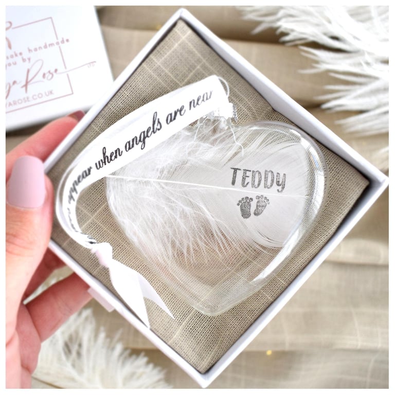 White Feather Personalised loss Bauble. Gift Boxed Christmas Family Ornament