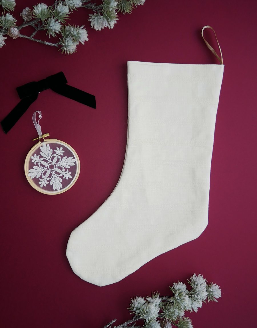 Large Cream Christmas Stocking with Horizontal Stripes