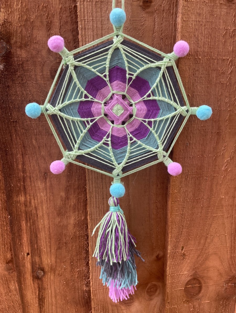 Medium Turquoise and Purple Ojo de Dios mandala dream catcher 