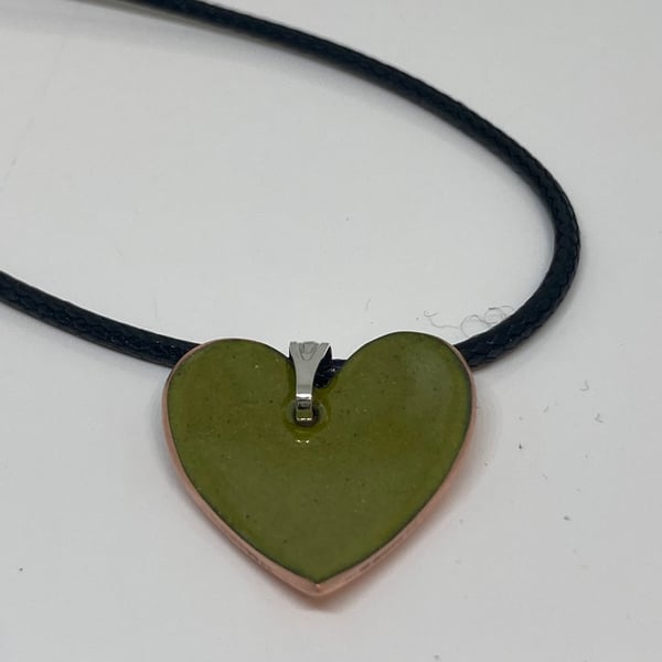 Olive green enamel heart shaped pendant