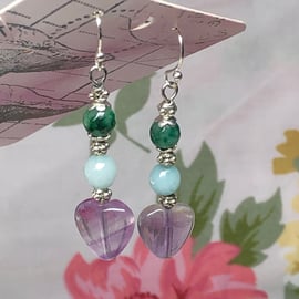 Fluorite hearts and Aquamarine earrings 