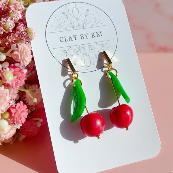 Metallic Red Cherry Earrings - Handmade Fruit Jewelry - Gift for Her - Free UK 