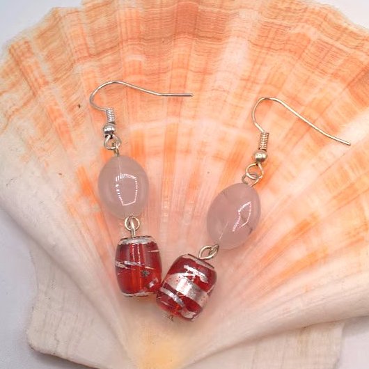 Red Glass Drum Bead & Pink Opaline Oval Bead Earrings, Gift for Her, Earrings 