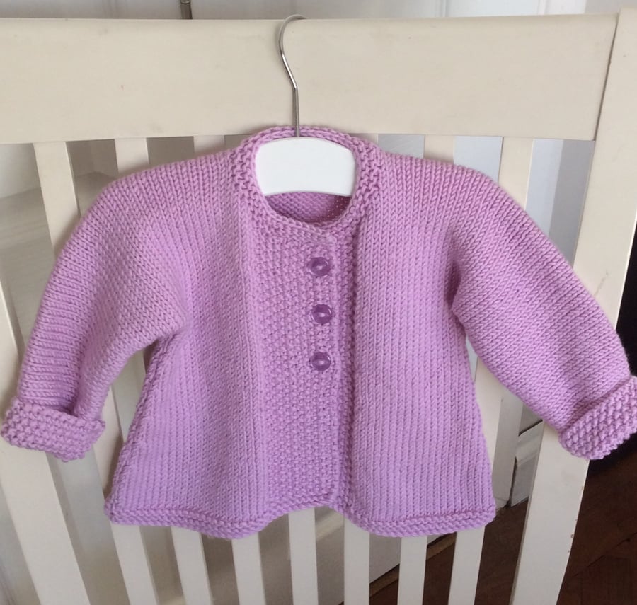 Baby coat lilac merino wool hand knit 0-3 months 
