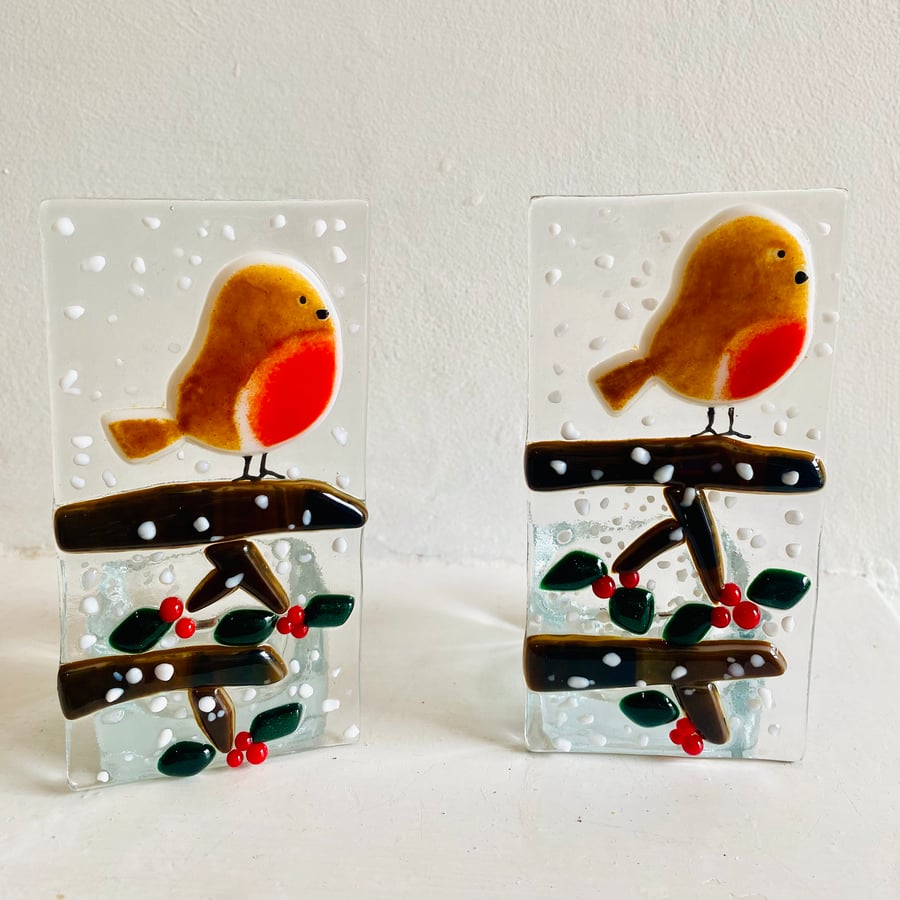 Fused glass robin tealight holder candle holder Christmas gift 