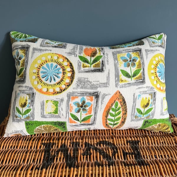 Vintage barkcloth cushion cover with dark denim back citrus colours sunflower