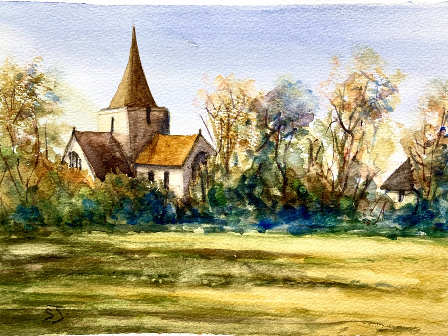 Alfriston Parish Church South Downs Sussex original watercolour painting 