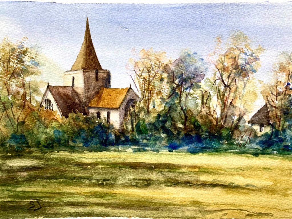 Alfriston Parish Church South Downs Sussex original watercolour painting 