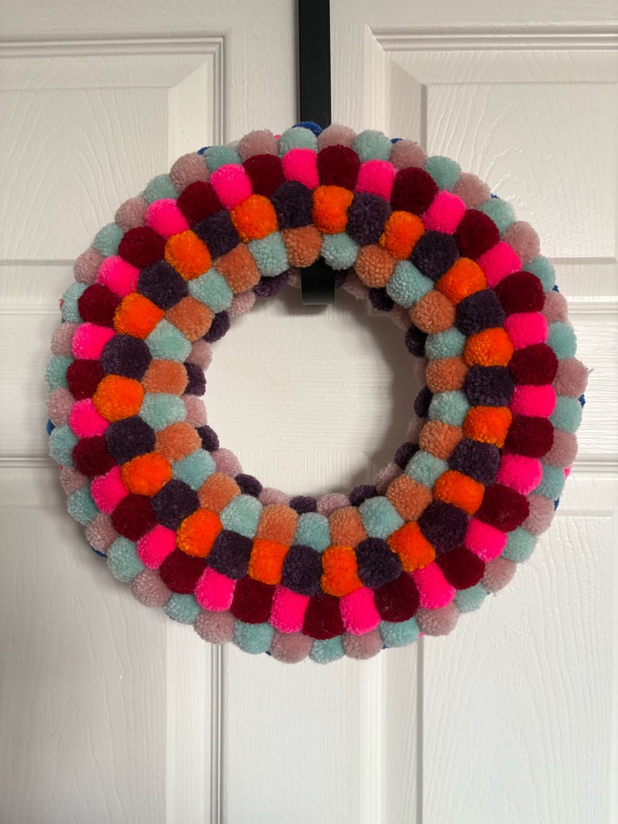 Wool Pom Pom brights wreath. 