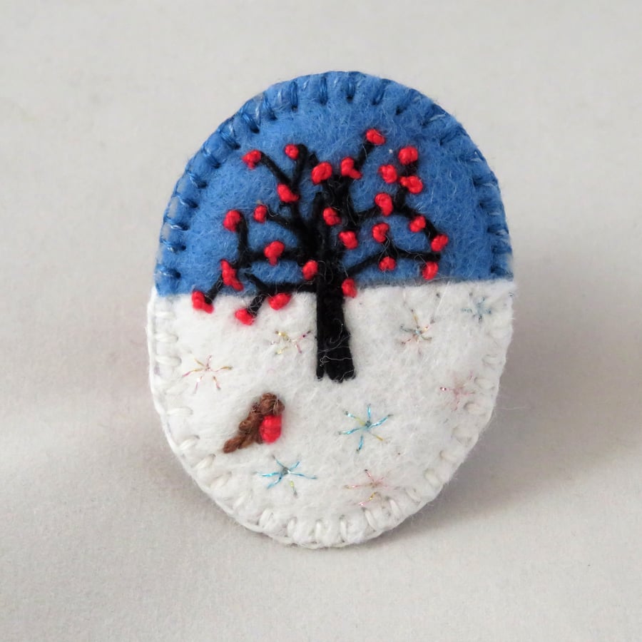 Winter Tree and Robin - Embroidered oval felt brooch