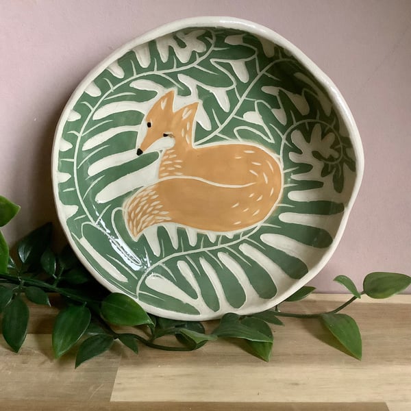 Handmade stoneware green fern leaf and orange fox bowl snack tapas dessert 