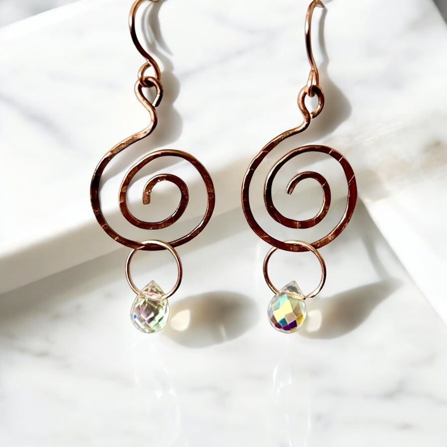  Earrings - Oxidised Spiral & Faceted Prism Crystal 7 Yr Anniversary Freepost