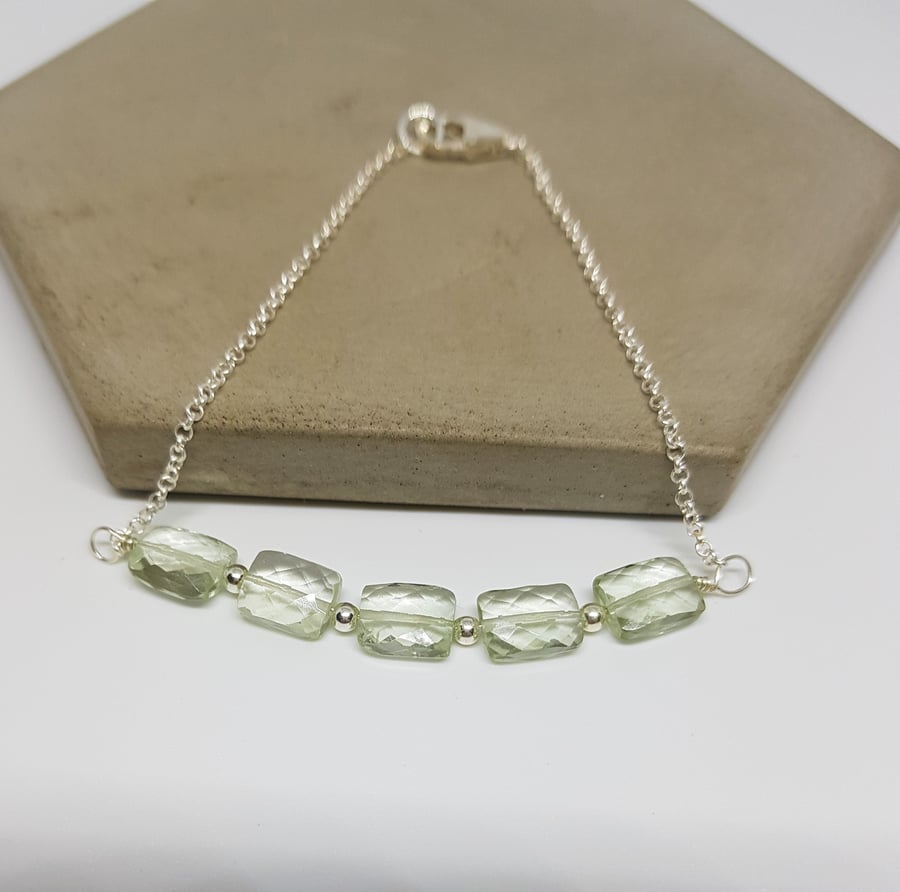 Green Amethyst Bracelet, Prasiolite Bracelet, Faceted Gemstone Sterling Silver B