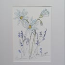 Pen and watercolour floral in white mount ready to frame