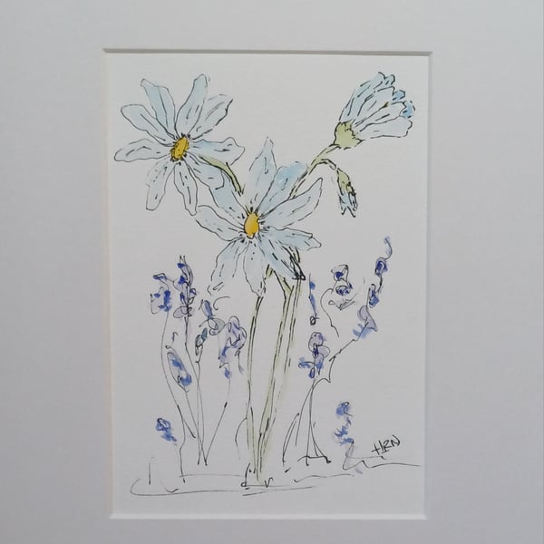Pen and watercolour floral in white mount ready to frame